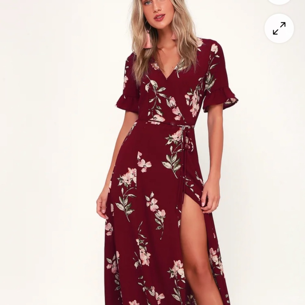 Lulu’s September Sunsets Burgundy Floral Print Wrap Maxi Dress